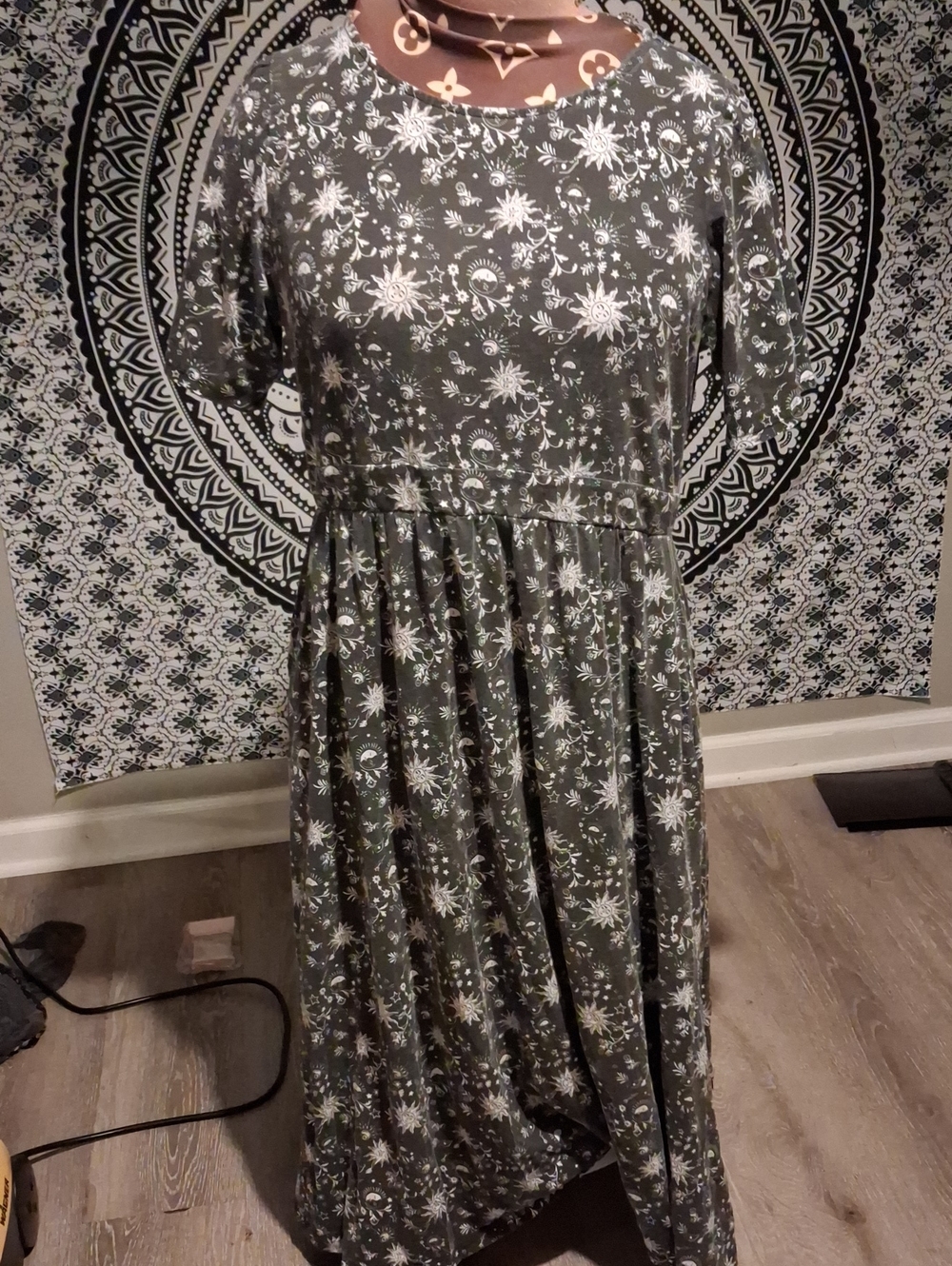 Olive Green Maxi Dress with White Celestial Print
